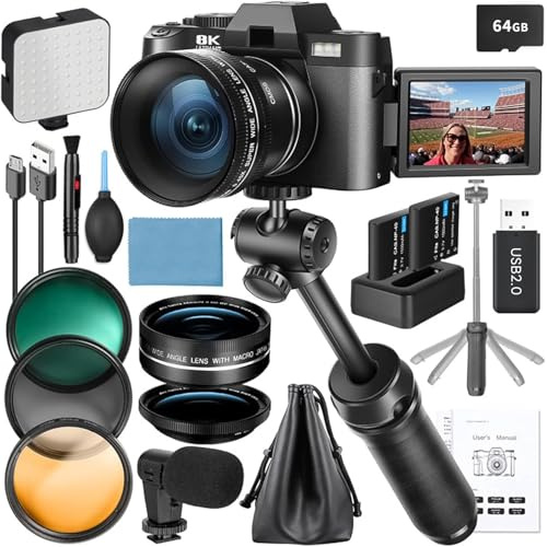 8K Appareils Photo numériques pour la Photographie, 64MP pour Vlogging Youtube avec poignée de Microphone et de trépied, caméra (Blanc) (Blanc)