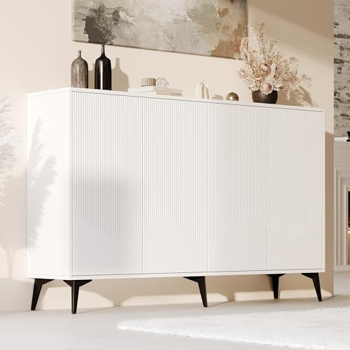 A ALFRESCOOL LED Sideboard Breite 160 cm, Highboard, Kommode mit Verstellbaren Einlegeböden, 4 Türen, Metallbeine, Küchenschrank, Multifunktionales Sideboard für Wohnzimmer/Schlafzimmer(Weiß)