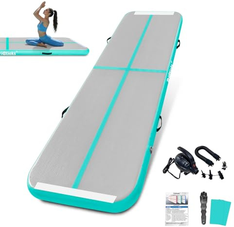 Triclicks Aufblasbare Tumbling-Matte, Air Tumble Track Gymnastikmatte, 1/2.5/3/5M, 10cm dick, Trainingsmatte für den Heimgebrauch/Yoga/Cheerleading/Fitnessstudio/Wasserspaß (Grün, 3M mit Pumpe)