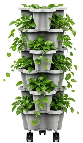 Macetero Vertical De 6 Niveles - Torre De Jardín Apilable Con Ruedas, Maceta Para Exterior E Interior Con Riego En Capas, Jardinera Ahorradora De Espacio Para Balcón, Patio, Hierbas Y Fresas, Gris