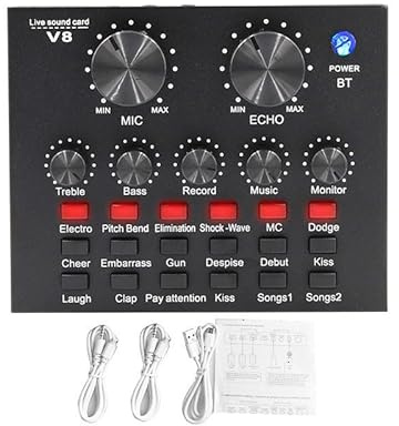 Helilyco Set di schede audio professionali V8, interfaccia audio esterna, con cavi, computer e telefono cellulare, nero