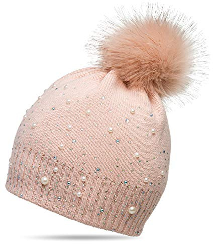 Caspar MU143 Damen Fein Strick Winter Mütze mit Fellbommel, Größe:One Size, Farbe:rosa