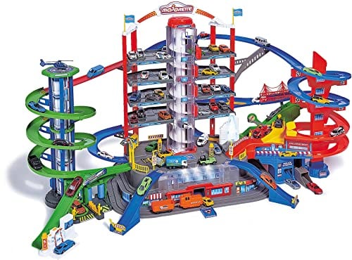 Majorette - Garaje Super City 7 Plantas, Incluye 6 Coches y Tren Motorizado con Luz y Sonido, para Niños a Partir de 5 Años - 128 x 78 x 73 cm