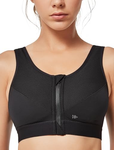 Yvette Damen Starker Halt Sport BH Vorderverschluss Ohne Bügel Große Größe Ringerrücken für Fitness Yoga Joggen, Schwarz, 90D