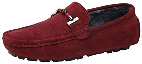 Jamron Mens Elegant Buckle Loafers Comfort Suede Driving Shoes Stylish Moccasin Slippers Burgundy Plush SN19020-2 UK11