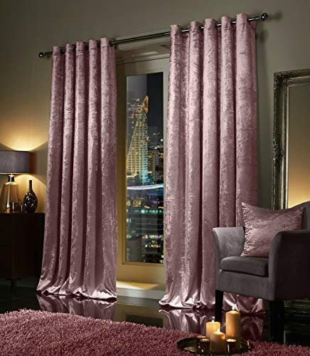 viceroy bedding Pair of Crushed Velvet Curtains EYELET Ring Top BLUSH PINK Fully Lined Thermal Insulated (46 wide x 90 drop)