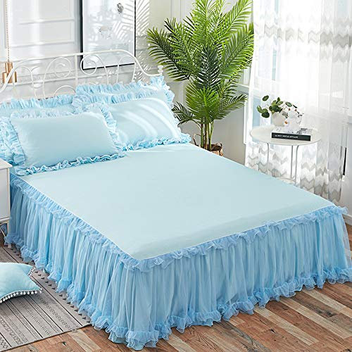 Bettvolant Bettrock Tagesdecke Ruffle Bettüberwurf Spitze Rüschen Bett Rock 3PCS Sets Bettwäsche Prinzessinnen-Stil,Blue-180X200CM