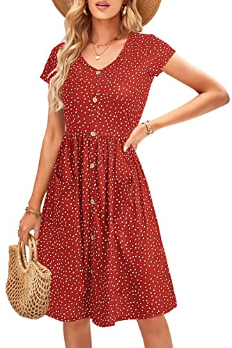 OUGES Women's Summer Short Sleeve Dress V Neck Casual Button Down Midi Ladies Dresses with Pockets(Red Polka Dot 425,M)