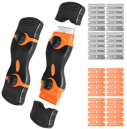 Set di 2 raschietti in vetro, a doppio bordo, in plastica, con 40 lame di ricambio per rimuovere etichette, decalcomanie, sottofondo, vernice da vetro, piano cottura, adesivi (su due lati)