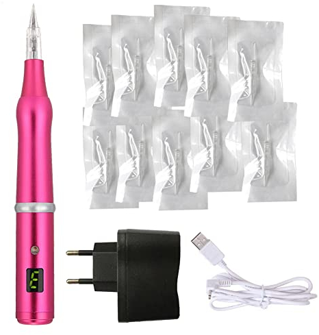 MTSM Kabellos Permanent Make-up Maschine Stift Rotary Machine Tätowierungsstift Augenbrauen Microblading Pen Set 10 Stück Tattoo Nadeln für Microblading Shading Augenbraue Eyeliner Lippen A657 (Rose)