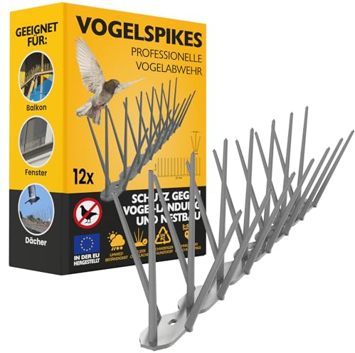 Konzept 11 - Vogelabwehr Spikes aus Kunststoff gegen Tauben, Katzen, Spatzen, Schwalben - Taubenabwehr für Balkon, Garten, Terasse - Vogelschreck 3-reihig, Set 12 STK.- Grau