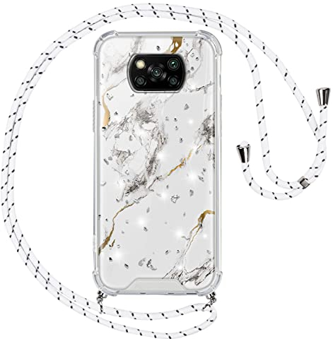 Vauki Funda para Xiaomi Poco X3 NFC/X3/X3 Pro Movil con Cuerda,Colgar Carcasa Marmol Glitter Silicona Colgante Collar Correa Silicona Bumper Antigolpes Case con para Xiaomi Poco X3 NFC/ X3 Pro,Blanca
