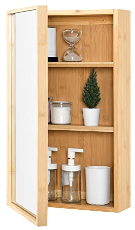 [en.casa] Placard Mural à Miroir Meuble de Rangement à Suspendre pour Salle de Bain avec Porte 2 Niveaux Réglable Bambou 61 x 35 x 14 cm Bambou
