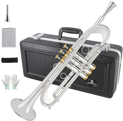 ROWELL Bb Trumpet Professional Trumpet Brass Instruments Standard Trumpets Set with Professional Trumpets Box,Original 7C trumpet Mouthpiece, Cloth and Gloves (Silver)