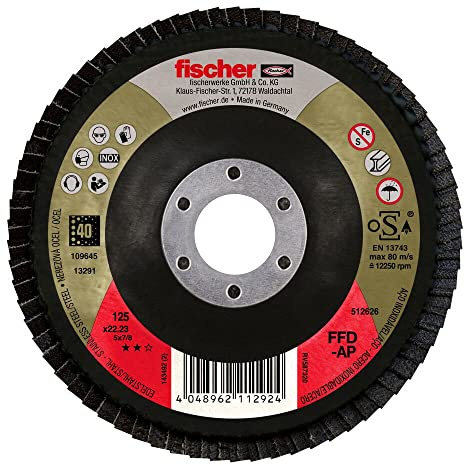 fischer Fächerschleifscheibe AP Zirkon-Lamellen-Schleifscheibe, für die Anwendung in Stahl und Edelstahl, 125 mm, Bohrungsdurchmesser 22,23 mm, Körnung 40, Set mit 10 Stück