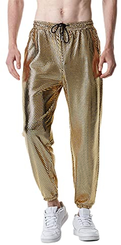 NewL Herren-Jogginghose, glänzend, silberfarben, metallisch, Hip-Hop-Hose, Nachtclub, Party, Festival, Abschlussball, Streetwear, gold, 36-41, XL