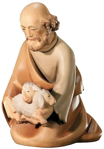 JS Garten Deko Krippenfigur Leonardo Kollektion Hirte mit Lämmern Holzfigur Holzstatue Krippe Statue aus Ahornholz von Dolfi