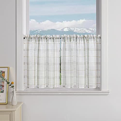 Delien 2er Set Bistrogardinen Plaid Landhaus Scheibengardinen Kariert Gingham Muster »Karo« Küchengardinen Kurz Dekoschals Kleinfenster Gardinen mit Tunnelzug BxH 90x45cm,Grün