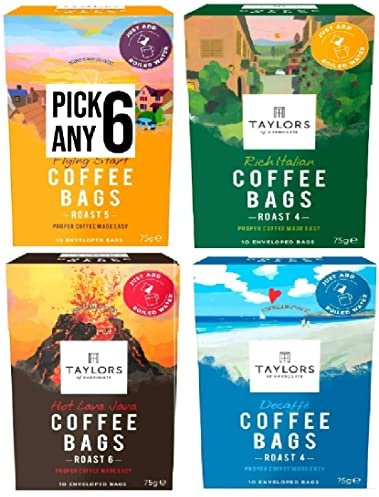 Taylors Coffee Bags (Each Pack 10 Bags). Pick Any 6 from 4 Flavours Inc. Rich Italian, Hot Lava Java, Decaffe and Flying Start. (Total 60 Bags)