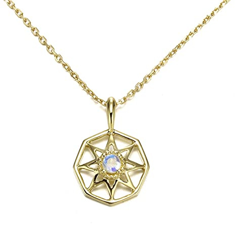 Epinki Echtgold Schmuck Halskette 14 Karat Gold Au585, Hohl Anhänger mit Mondstein (Hell Blau, Rundschliff) 14K Gold Damen Halskette Modeschmuck für Frauen, Gold, 45cm