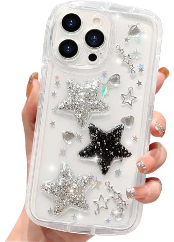 HZLFCZL Compatible with iPhone 13 Pro Max Case Cute Cartoon Glitter 3D Stars Crystal Heart Clear Pattern Design Women Girls Aesthetic Kawaii Transparent Sparkly Phone Case for iPhone 13 Pro Max -Stars