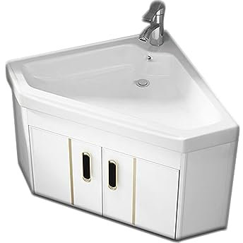Lavabo triangle mural en céramique avec placard,Grande capacité évier en céramique avec placard,Meuble Lave Main d'angle avec robinet,Pour salles de bains, buanderies. ( Color : Wit , Size : 56*56cm )
