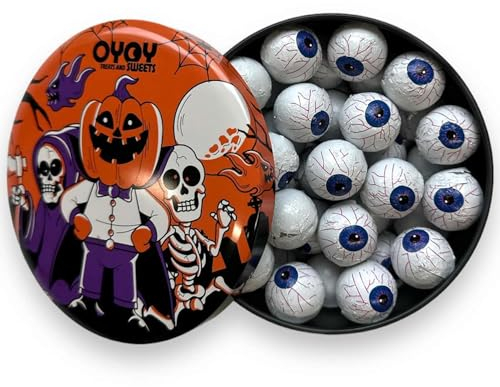 OYOY Halloween Süßigkeiten Dose gefüllt mit ca. 170g Halloween Augen aus Milchschokolade I insg. ca. 30 Stück I Halloween Geschenkbox gefüllt mit Grusel Süßigkeiten