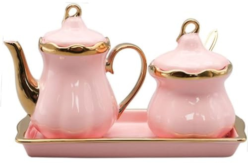 MAGICVOGEL Pot à lait et sucrier en céramique - Avec plateau - Boîte à épices avec couvercle et cuillère - Pour la maison, le café, le bar - Rose