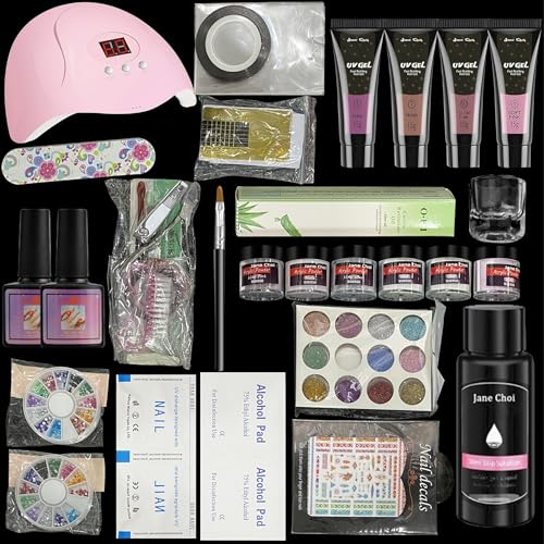 Gel Nails Kit with 48W Quick-Drying UV Lamp, 8 Colors Poly Nail Gel Extension Builder Set+LED Dryer+Base&Top Coat+100PCS Acrylic Nail Tips+Nail Stickers+Manicure Tools, Nails Full Set for Beginners