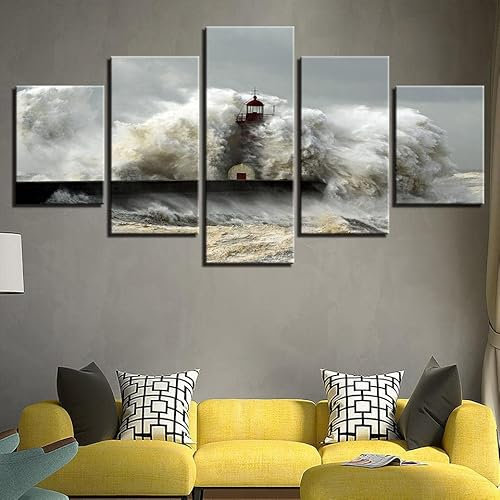 ZYCHKRL Leinwand Bilder 5 Stück Leuchtturm in einem Sturm Riesenwelle Wandbilder Set Wanddekoration Leinwandbilder Dekoartikel 200X100(Kein Rahmen)