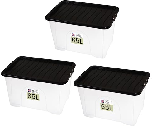 Neat. Plastics 65L Storage Box, Clear Base, Black Lid - Organise Easily with Plastic Storage Box with Lid, Ideal Clear Boxes for Storage, Durable Plastic Boxes with Lids Storage, Pack of 3