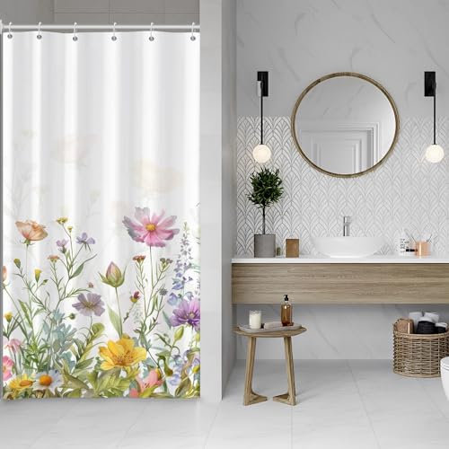 ASDCXZ Rideau de douche à fleurs, 120 x 200 cm, printemps, rose, jaune, violet, multicolore, fleurs, vert, feuilles, blanc, lavable, étroit, tissu polyester, imperméable, pour baignoire, avec 8
