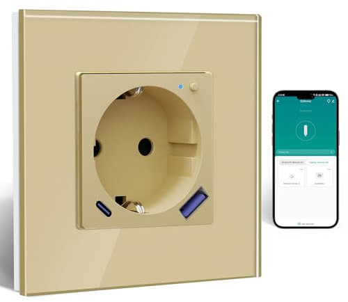 BSEED Enchufe ZigBee con Cargador Rápido USB C 20W con Medición de Corriente,Schuko WLAN Empotrada para Alexa/Google Home, Enchufe Inteligente 16A,1 Gang Oro(Requisito del Gateway Hub)
