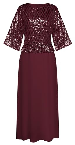 GRACE KARIN Kleid Rot Damen Fledermausärmel Elegant Festliches Kleid Damen Weihnachten Pailletten Kleid XL Wein Rot -3