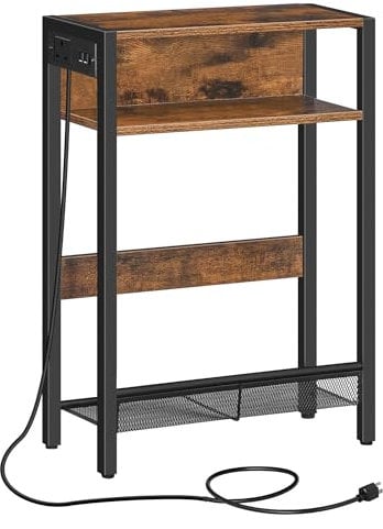 CHOEZON DTBZ05KBF Table d'appoint avec station de charge, table d'appoint étroite pour petit espace, table de chevet fine avec rangement, pour salon, chambre à coucher, marron rustique et noir
