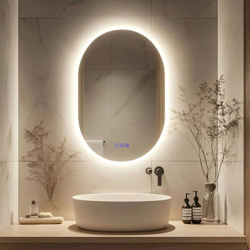 Kasloglow Oval Bluetooth LED Bathroom Mirror 500 x 700 mm 3 Colour Dimmable Lights Demister Touch Switch Illuminated Wall Mounted Vanity Mirror (19.69x27.56 Inch)