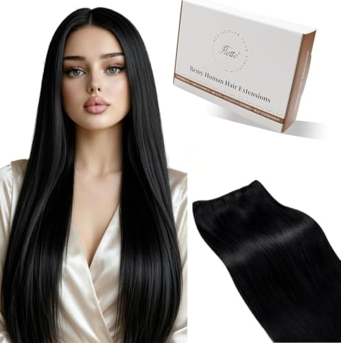 Hetto Tressen Echthaar 50cm 100g Schwarz #1 Doppelt Gewebt | Naturschwarz, 100% Remy Echthaar Extensions, langlebiges Volumen,Weiches Finish für Alltag, Party & Hochzeit