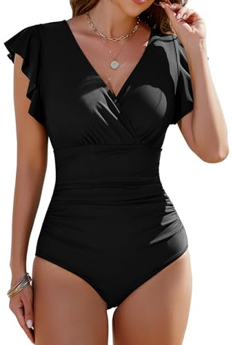 Yuson Girl One Piece Swimming Costume Tummy Control V Neck Ruched Padded Swimwear Push Up Ladies Swimming Costumes Ruffle Sleeve Wrap V Back Bathing Suit with Removable Cups(Black, M)