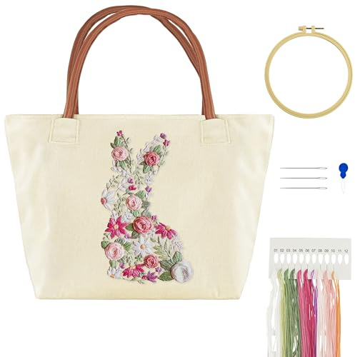 Turmaster Sticken Set Erwachsene mit Canvas Tote Bag, Stick Set Erwachsene Anfänger mit Hasenmuster, Stickrahmen,Fäden，Nadeleinfädler Und DIY Stickerei Werkzeuge, Weiß