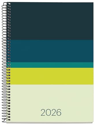Miquelrius - Kalender 2026, 18 Monate, A5+, Wochenplaner: von Juli 25 bis Dezember 26, Wochenansicht, Spiralbindung aus Metall, gefütterter Kartoneinband, Spanisch-Englisch, Portugiesisch