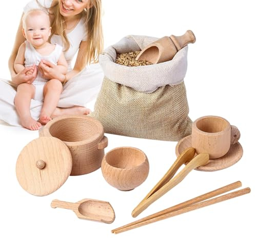 Herramientas Sensoriales De Madera - 8 Piezas, Madera Natural, Beige, Cucharas Traspaso, Pinzas Motricidad, Juego Cocina | Utensilios Seguros para Niños con Actividades Coordinación Mesa Pr