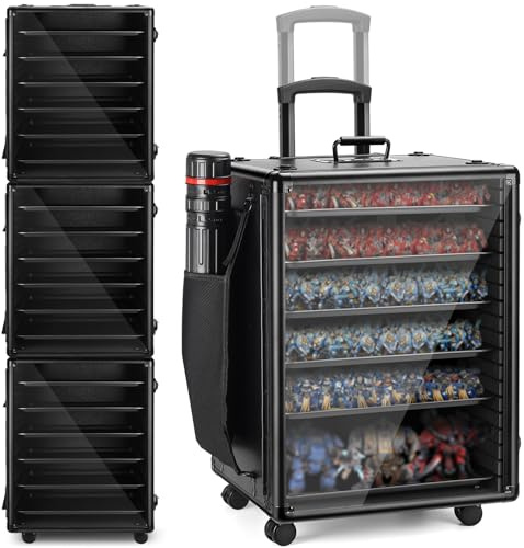 ONUEMP Miniature Carry Case Large, 6 Metal Trays, Magnetic Miniature Storage Case For War Miniatures With Pull Rod, Model Transport Display Cases With Universal Wheels, Side Storage Bag, Gift, Black