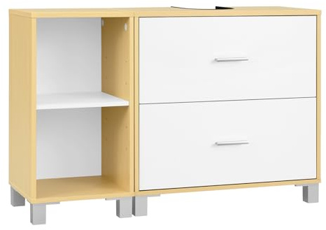 eSituro Armario Baño, Mueble Baño Bajo Lavabo con Cajones y Gabinete Lateral Separable, Armario de Almacenamiento con Recorte Sifón 20x14,5 cm y Estante Ajustable, Blanco + Color Madera
