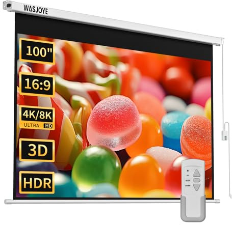 WASJOYE 100 Leinwand Beamer Elektrisch Diagonale Automatische Projektion 16:9 8K HD Filme Schirm für Heimkino Büro Videospiel Outdoor Indoor, Projector Screen W/Fernbedienung und Wand/Decke Mount