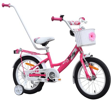 MIRAVO Kinderfahrrad 16 Zoll für Mädchen von 4-6 Jahren mit Stützrädern und Schubstange - Leichtes Fahrrad für Kinder mit Korb - V-Brake Bremsen - Misty Rosa Weiß