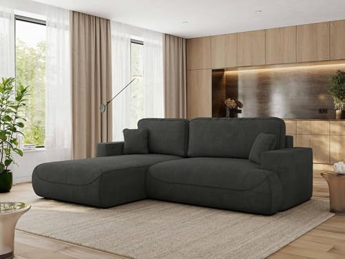 MKS MEBLE Ecksofa Wohnlandschaft L-Form mit Schlaffunktion und Bettwäscheschrank, Schlafsofa mit Bettkasten, modernes Sofa OVO L - Links - Dunkelgrau Strukture