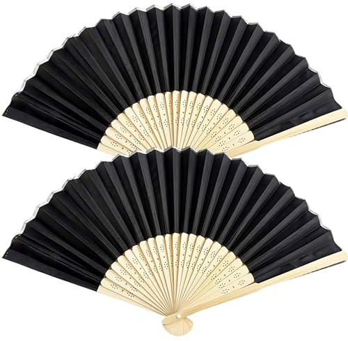 Vyqrx 2 Pack Black Silk Fabric Folding Hand Fan Chinese Fan Handheld Fan for Wedding, Dancing, Performance, Home Decoration