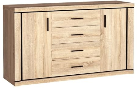 Masseno Kommode Malaga 157 cm Sideboard mit 4 Schubladen und 2 Türen für Wohnzimmer Schlafzimmer Modern 157x45x91 cm Sonoma Eiche
