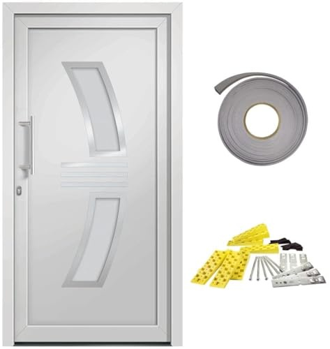 HETFTJN Porta di casa bianca, 108 x 200 cm, porta d'ingresso in PVC e alluminio, 5 vie con testa a fungo, vetro termoisolante ISO, profilo da 70 mm, apertura a sinistra verso l'interno, con kit di
