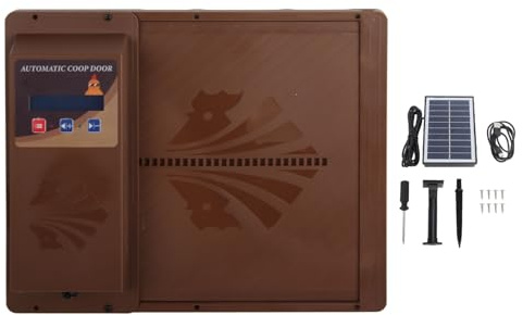 Smandy Ouvre-Porte de Poulailler à énergie Solaire avec Minuterie, Affichage LED Programmable, 3 Modes d'alimentation, Porte Automatique pour Volaille, Canard, Oies, Poulailler (Brown)